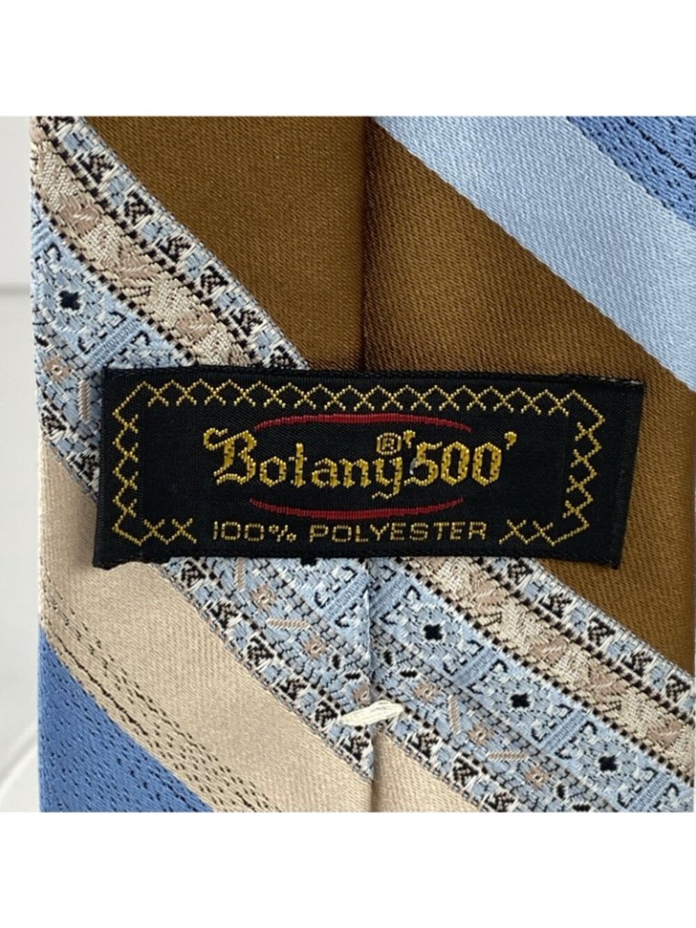 Vintage BOTANY 500 Blues Brown Tan 53.5" 100% Polyester Striped Necktie USA Made - Picture 4 of 5